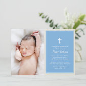 Elegant Cross Blue Photo Baptisme Christening Kaart (Staand voorkant)