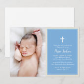 Elegant Cross Blue Photo Baptisme Christening Kaart (Voorkant / Achterkant)