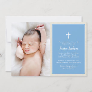 Elegant Cross Blue Photo Baptisme Christening Kaart