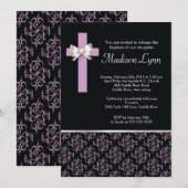 Elegant Cross Damask Baptisme | Christening Kaart (Voorkant / Achterkant)