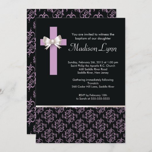 Elegant Cross Damask Baptisme | Christening Kaart (Voorkant / Achterkant)