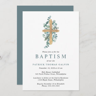 Elegant Cross Eucalyptus Greenery Baptisme Kaart
