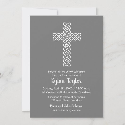 Elegant Cross First Communion Grey Invitations (Voorkant)