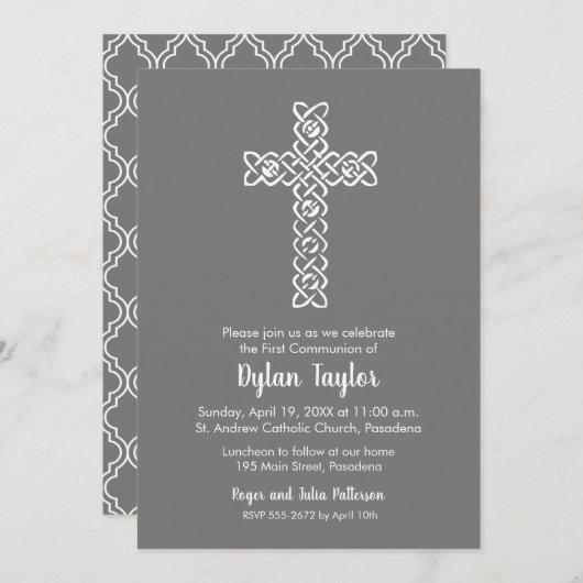 Elegant Cross First Communion Grey Invitations (Voorkant / Achterkant)