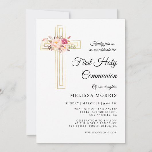 elegant cross first holy communiqué uitnodiging (Voorkant)