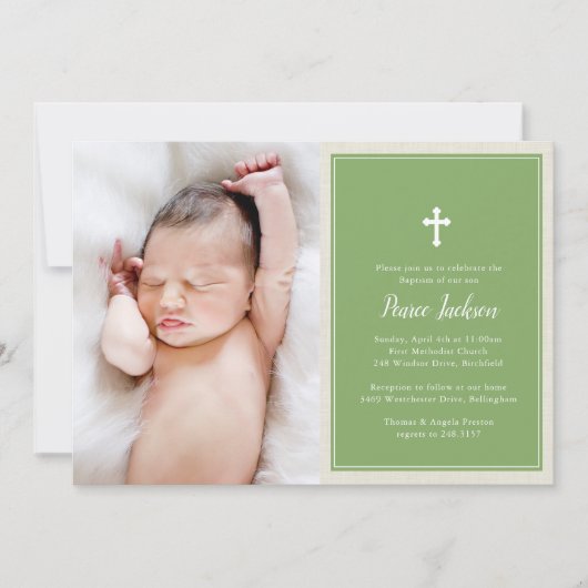 Elegant Cross Green Photo Baptism Christening Kaart (Voorkant)