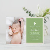 Elegant Cross Green Photo Baptism Christening Kaart (Staand voorkant)