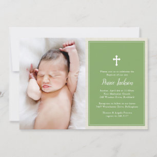 Elegant Cross Green Photo Baptism Christening Kaart
