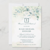 Elegant Cross Greenery Eucalyptus Baptisme Kaart (Voorkant)