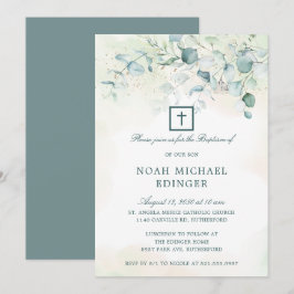 Elegant Cross Greenery Eucalyptus Baptisme Kaart