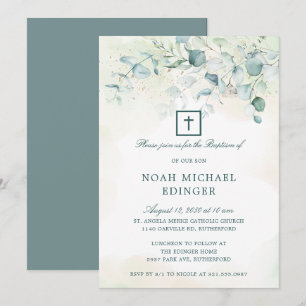 Elegant Cross Greenery Eucalyptus Baptisme Kaart