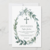 Elegant Cross Greenery Wreath Baptisme Kaart (Voorkant)
