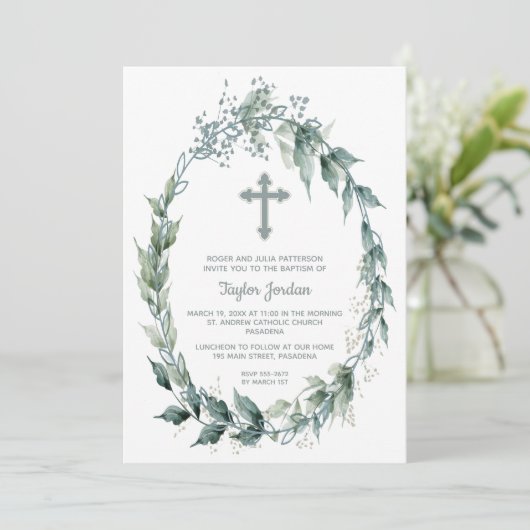Elegant Cross Greenery Wreath Baptisme Kaart (Staand voorkant)