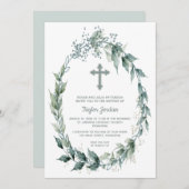 Elegant Cross Greenery Wreath Baptisme Kaart (Voorkant / Achterkant)