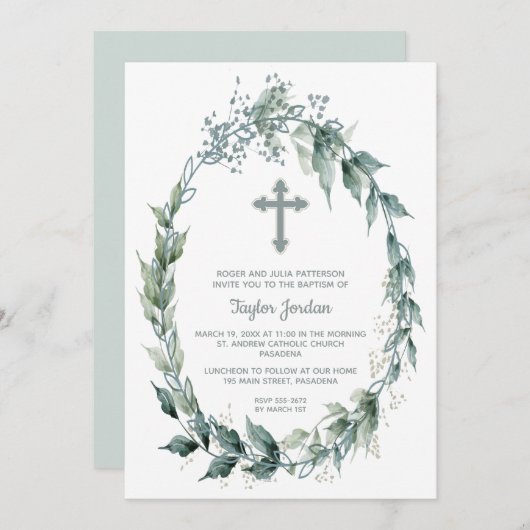 Elegant Cross Greenery Wreath Baptisme Kaart (Voorkant / Achterkant)