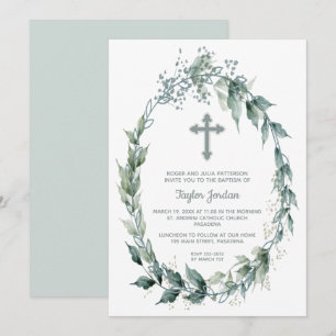 Elegant Cross Greenery Wreath Baptisme Kaart