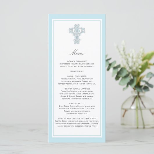 Elegant Cross in Blue Menu Page Rack Card (Staand voorkant)