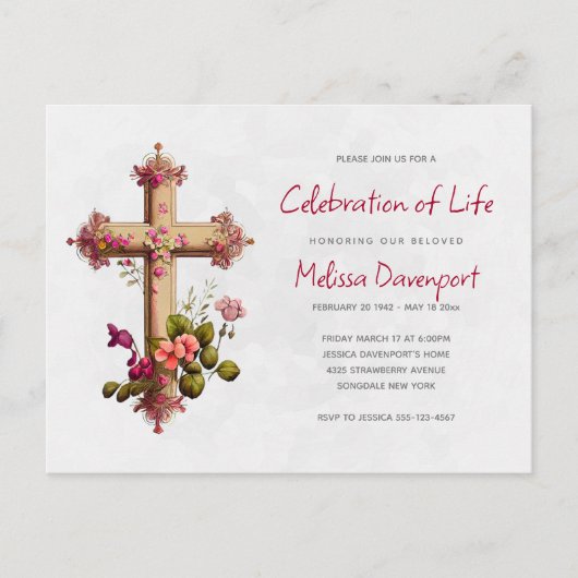 Elegant Cross met Roze Flowers Memorial Invite Briefkaart (Voorkant)