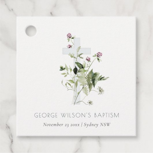Elegant Cross Paarse Wildflower Baptisme Bedankjes Labels (Voorkant)
