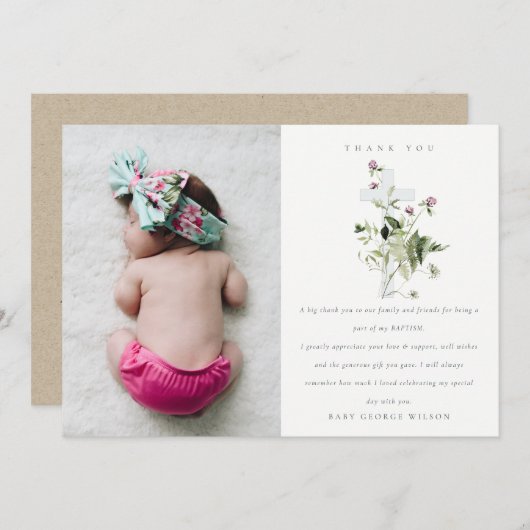 Elegant Cross Paarse Wildflower Baptisme Bedankkaart (Voorkant / Achterkant)