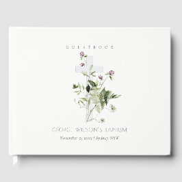 Elegant Cross Paarse Wildflower Baptisme Gastenboek