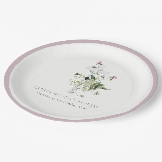Elegant Cross Paarse Wildflower Baptisme Papieren Bordje (Gekanteld)