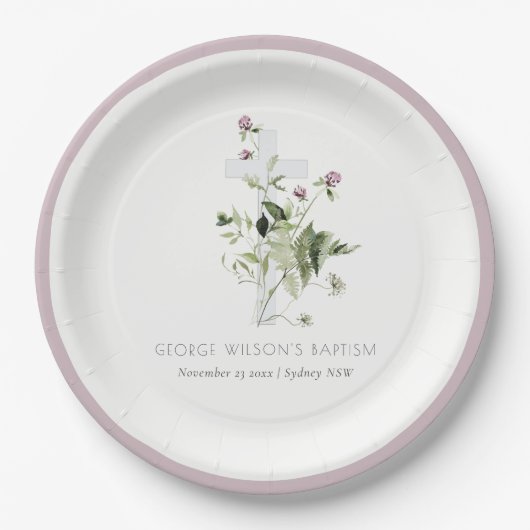 Elegant Cross Paarse Wildflower Baptisme Papieren Bordje (Voorkant)