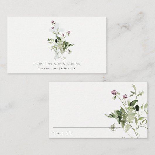 Elegant Cross Paarse Wildflower Baptisme Plaatskaartje (Voorkant / Achterkant)