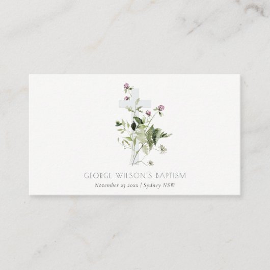 Elegant Cross Paarse Wildflower Baptisme Plaatskaartje (Voorkant)