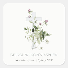 Elegant Cross Paarse Wildflower Baptisme Vierkante Sticker