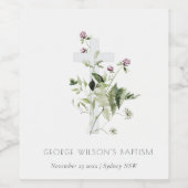 Elegant Cross Paarse Wildflower Baptisme Wijn Etiket (Enkel label)