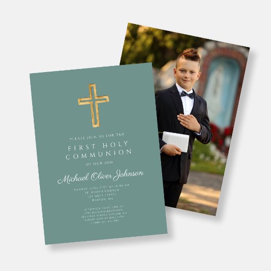 Elegant Cross Photo Boy First Commune Kaart
