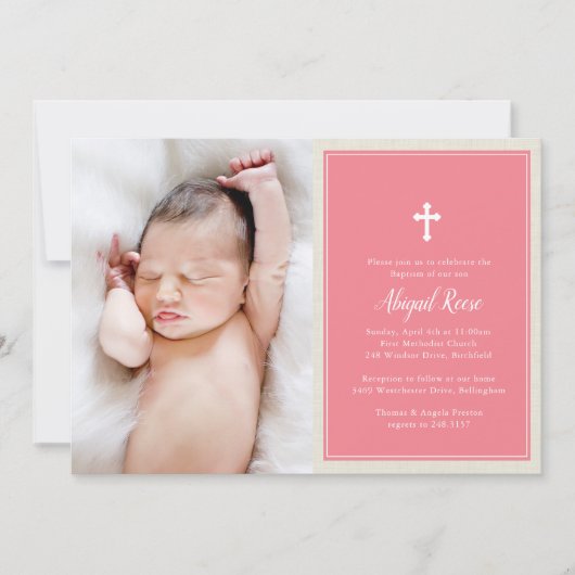 Elegant Cross Pink Foto Baptisme Christening Kaart (Voorkant)