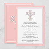 Elegant Cross Pink Girl Christening Uitnodiging (Voorkant / Achterkant)