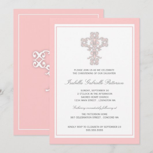 Elegant Cross Pink Girl Christening Uitnodiging (Voorkant / Achterkant)
