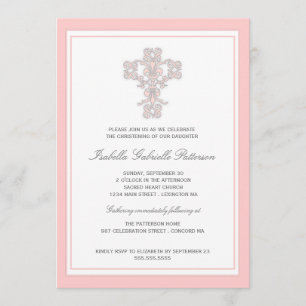 Elegant Cross Pink Girl Christening Uitnodiging