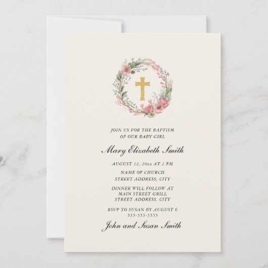 Elegant Cross Roze Bloemen Baby Meisje Doop Kaart (Voorkant)