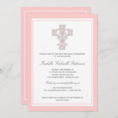Elegant Cross Roze Meisje Eerste Communie Uitnodig Kaart (Voorkant / Achterkant)