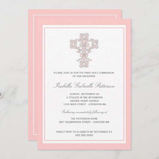 Elegant Cross Roze Meisje Eerste Communie Uitnodig Kaart (Voorkant / Achterkant)