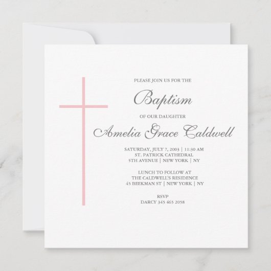 Elegant cross roze uitnodiging (Voorkant)