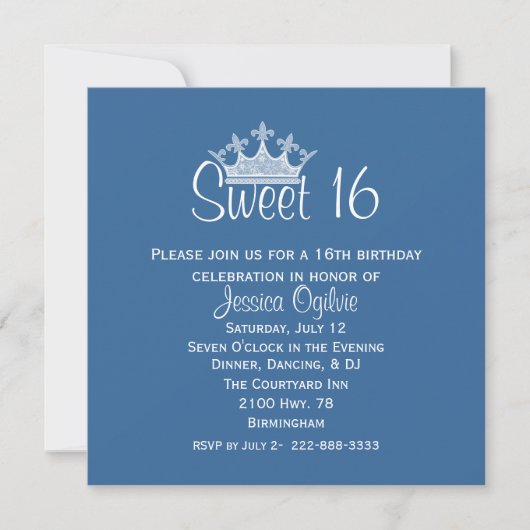 Elegant Crown Blue en White Sweet 16 Birthday Kaart (Voorkant)