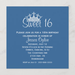 Elegant Crown Blue en White Sweet 16 Birthday Kaart