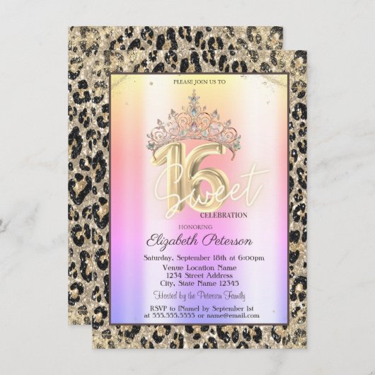 Elegant Crown Colorful Leopard Print Sweet 16   Kaart (Voorkant / Achterkant)
