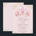 Elegant Crown Gold Glitter Corners Sweet 16   Kaart<br><div class="desc">A modern,  chic and glamorous Sweet 16 with gold glitter on a corner and crown on a pink background.</div>