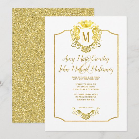 Elegant Crown Gold Royal Crest Wedding Invitation Kaart (Voorkant / Achterkant)