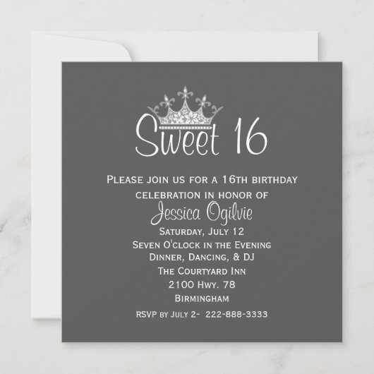 Elegant Crown Gray & White Sweet 16 Birthday Kaart (Voorkant)