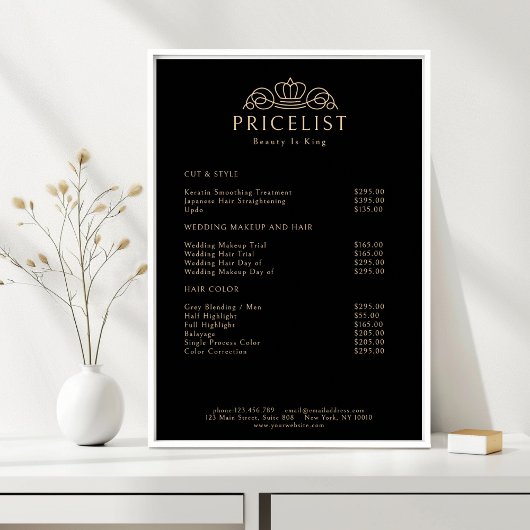 Elegant Crown Logo Black Beige Salon Price List Poster