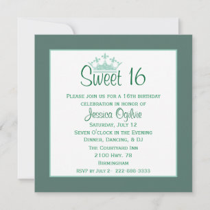 Elegant Crown Mint & White Sweet 16 Birthday Kaart