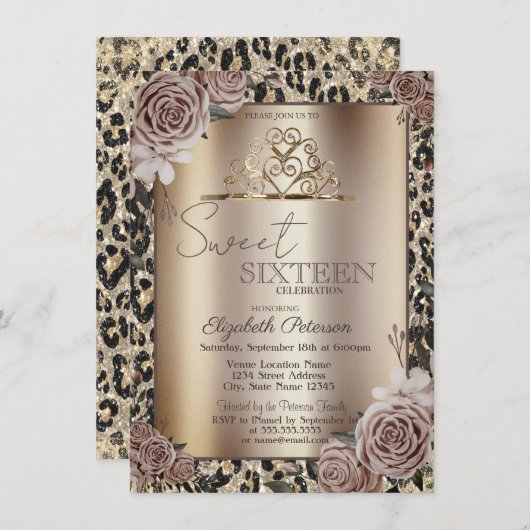 Elegant Crown Roses Leopard Print Sweet 16 Kaart (Voorkant / Achterkant)