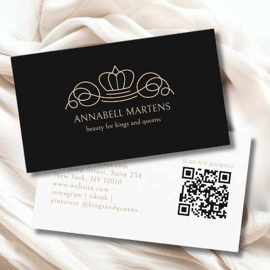 Elegant Crown Salon Black Beige QR Code Visitekaartje